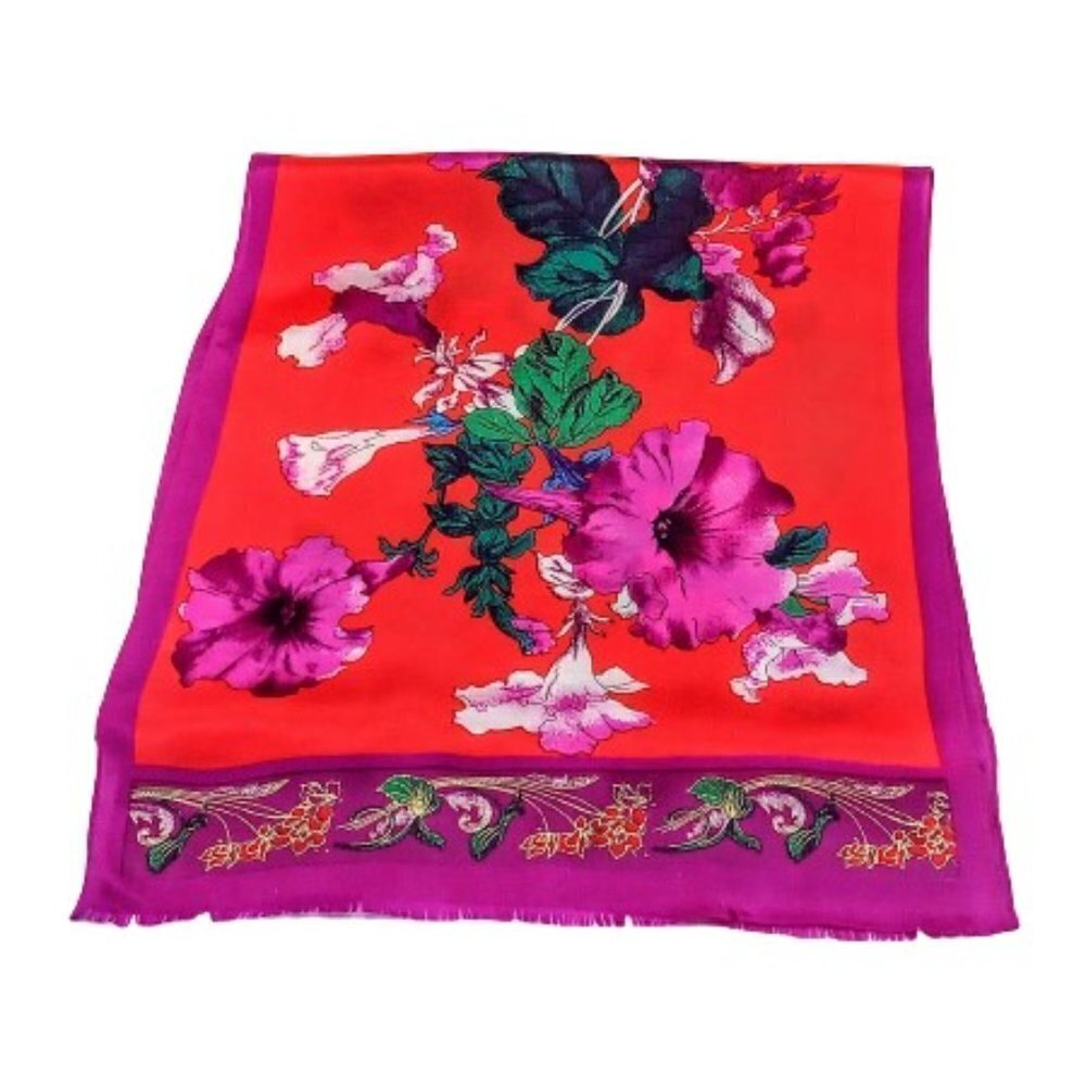 Vintage Magenta Red Green Floral Silk Fringed Oblong Scarf